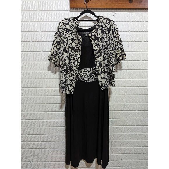 Perceptions Women's Black Tan Shiny Sparkle Abstract 2 Piece Jacket & Dress 16 - Picture 1 of 8